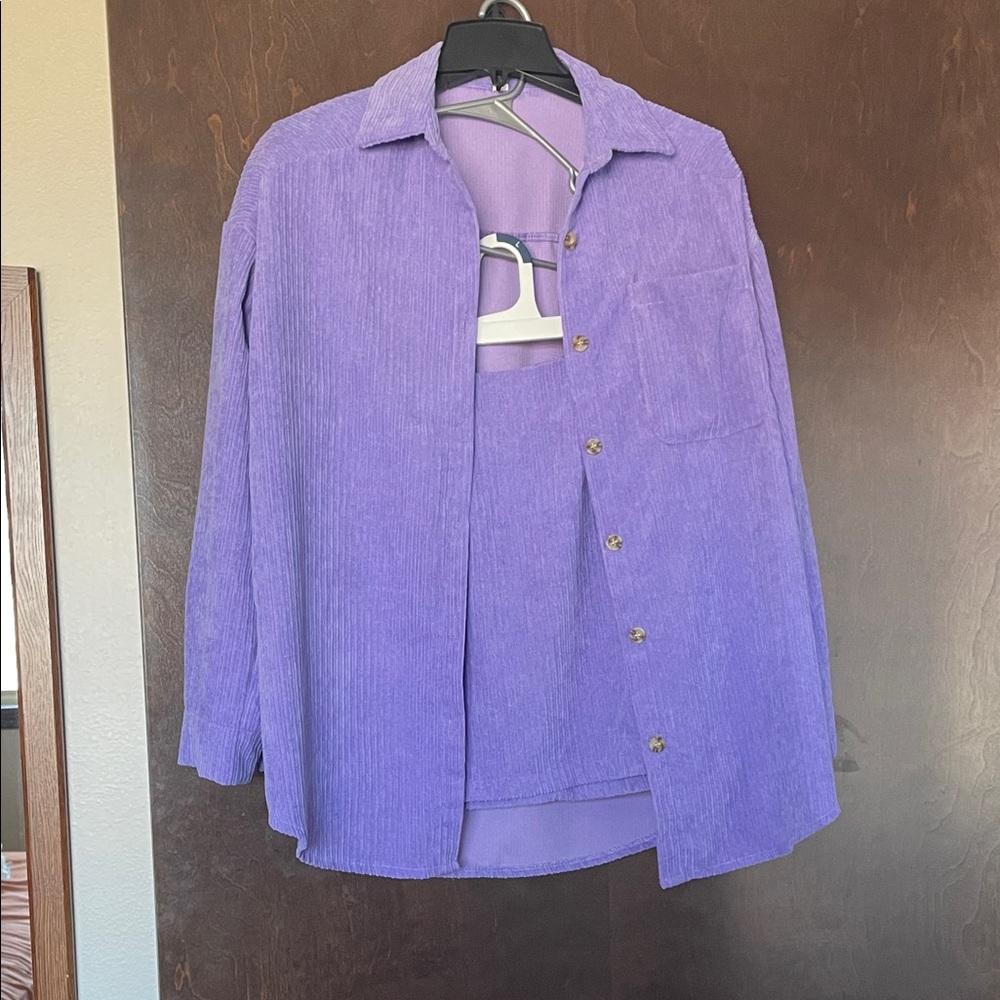 Purple Button-Up Shirt with matching skirt.